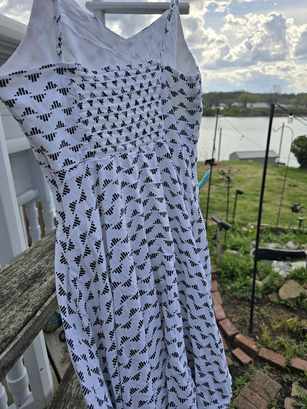 White Spaghetti Strap Sun Dress with Black Geometric Print